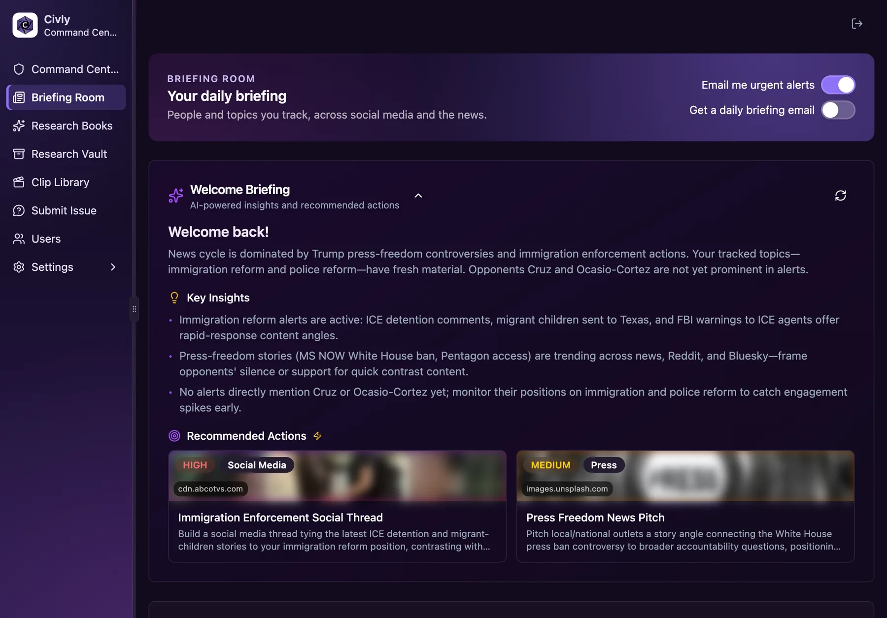 The Civly app's Briefing Room: a daily briefing with key insights and recommended actions, beside the Command Center side menu